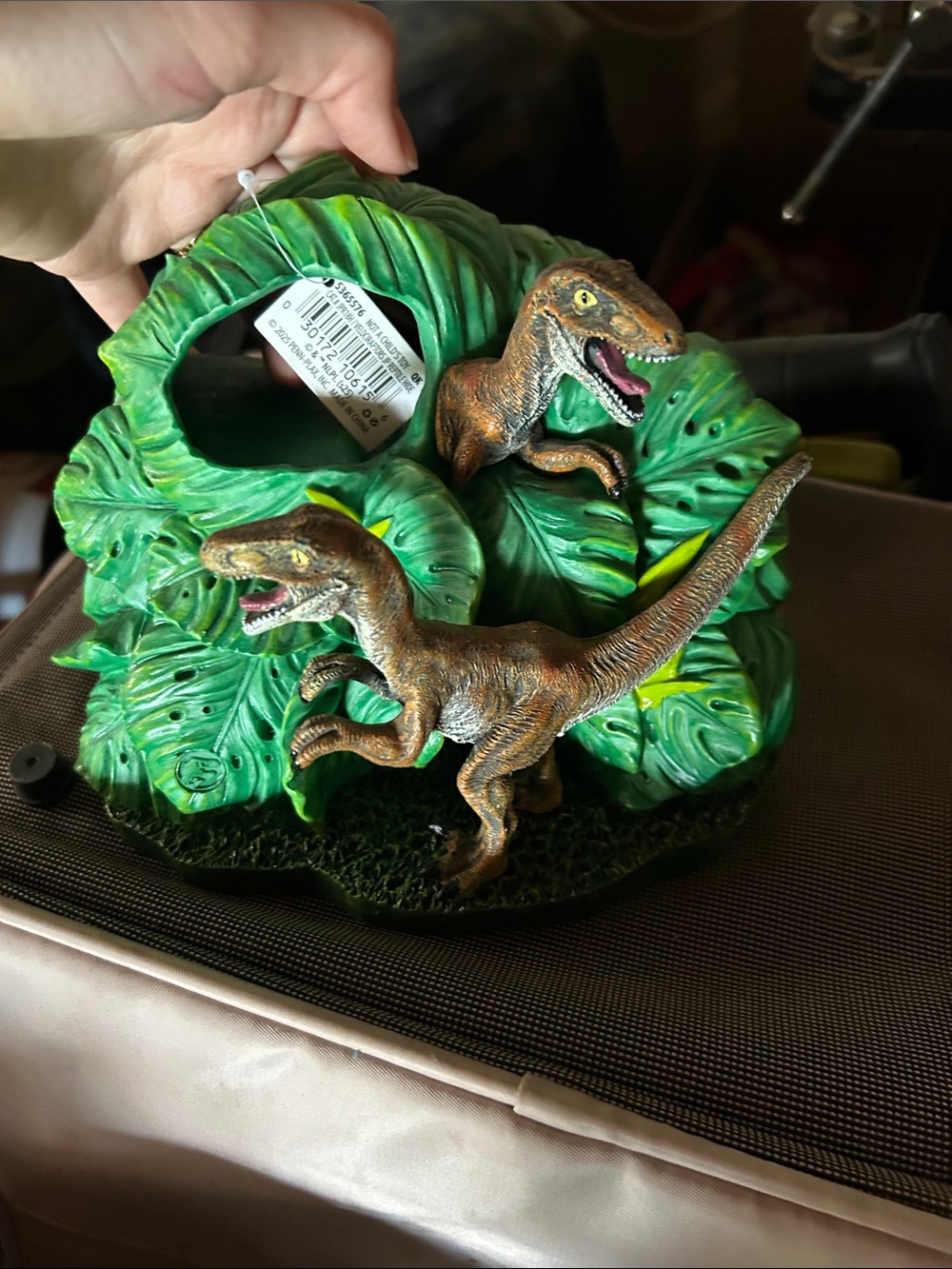 Reptile Tank Decor - Brown Velociraptor Dinosaurs on Green Foliage